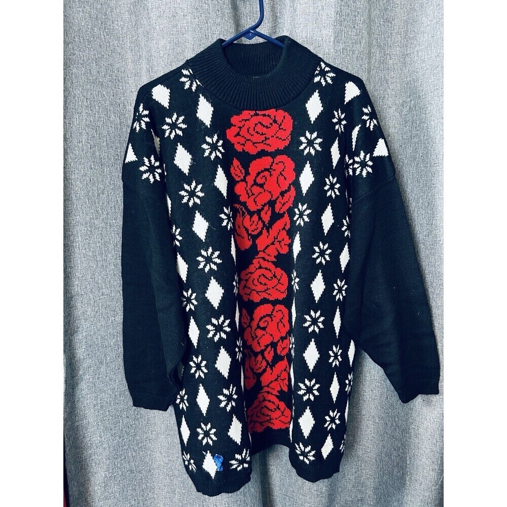 Sweater Exchange Vintage Tunic Sweater Mock Neck Holiday Valentine Roses 24 Goth